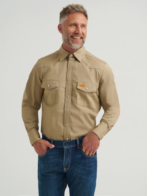 Мужские рубашки Wrangler FR Flame-Resistant Long Sleeve Western Snap Solid Twill Work Shirt