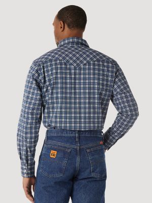 Men's Wrangler® FR Flame Resistant Long Sleeve Western Snap Plaid Shirt in Blue/Black alternative view