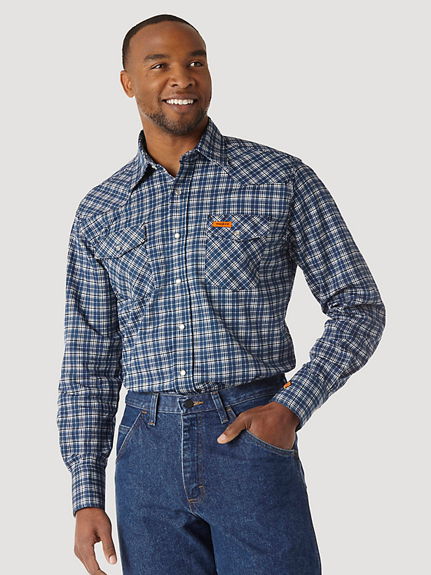 Men's Wrangler® FR Flame Resistant Long Sleeve Western Snap Plaid Shirt in Blue/Black