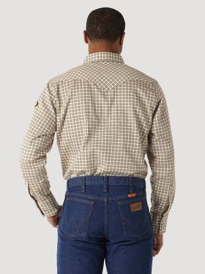 Men's Wrangler® FR Flame Resistant Long Sleeve Western Snap Plaid Shirt in Khaki/White alternative view