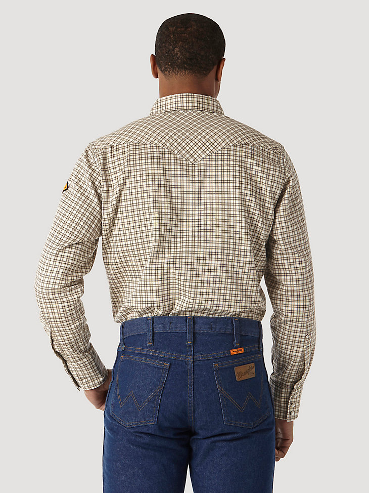 Men's Wrangler® FR Flame Resistant Long Sleeve Western Snap Plaid Shirt in Khaki/White alternative view
