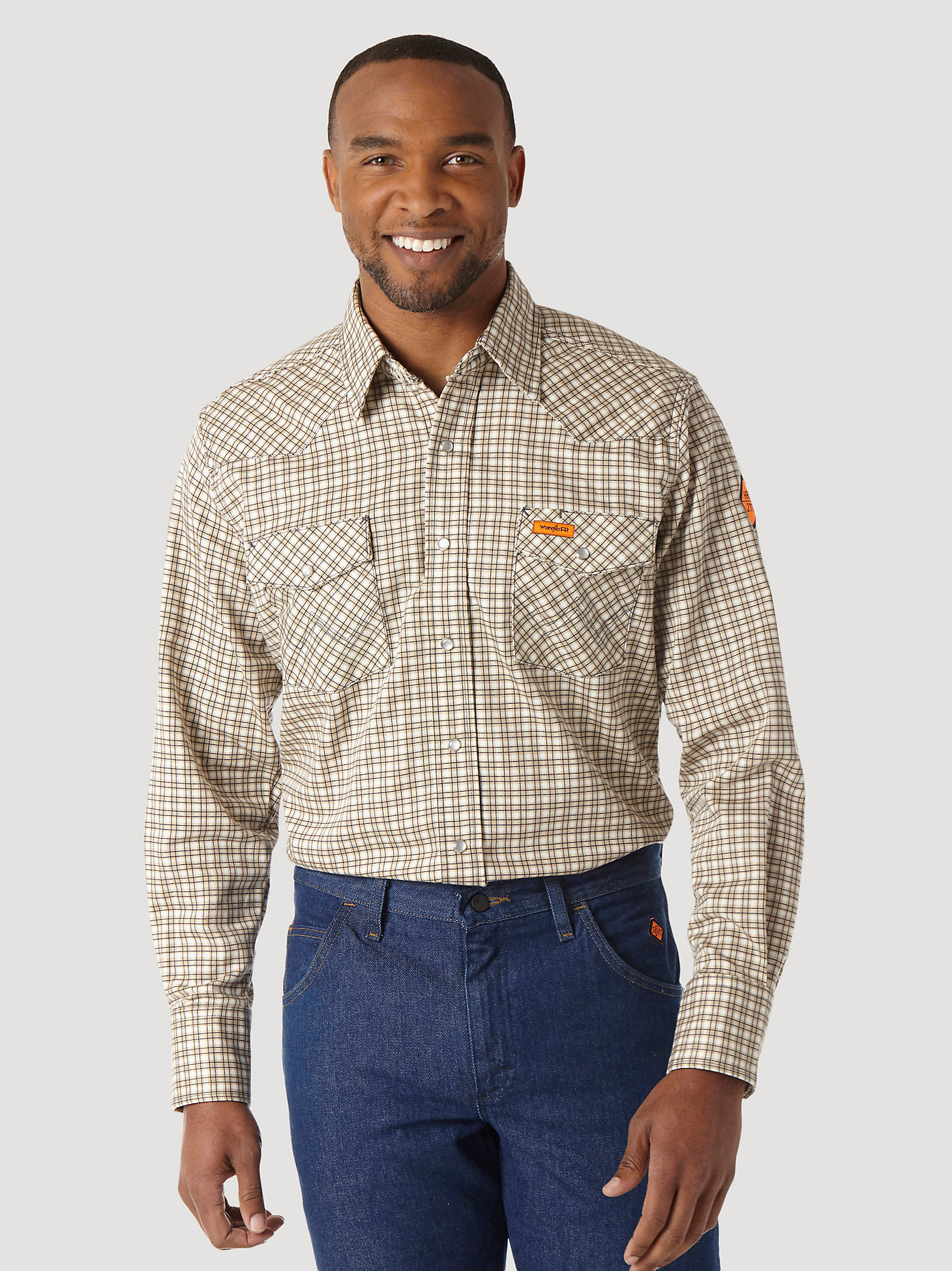 Men's Wrangler® FR Flame Resistant Long Sleeve Western Snap Plaid Shirt in Khaki/White main view