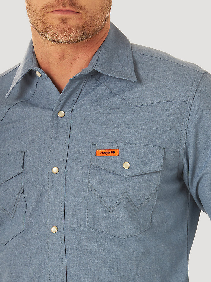 Men's Wrangler® FR Flame Resistant Long Sleeve Western Snap Solid Shirt in Blue alternative view 2