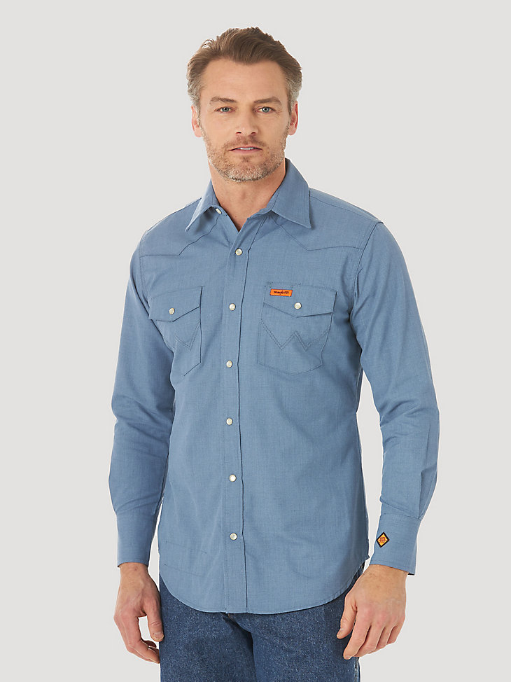 Men's Wrangler® FR Flame Resistant Long Sleeve Western Snap Solid Shirt in Blue main view