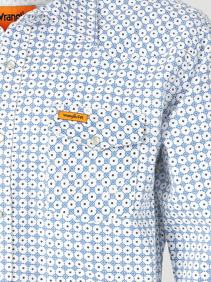 Men's Wrangler® FR Flame Resistant Long Sleeve Western Snap Print Shirt in White/Blue alternative view 2