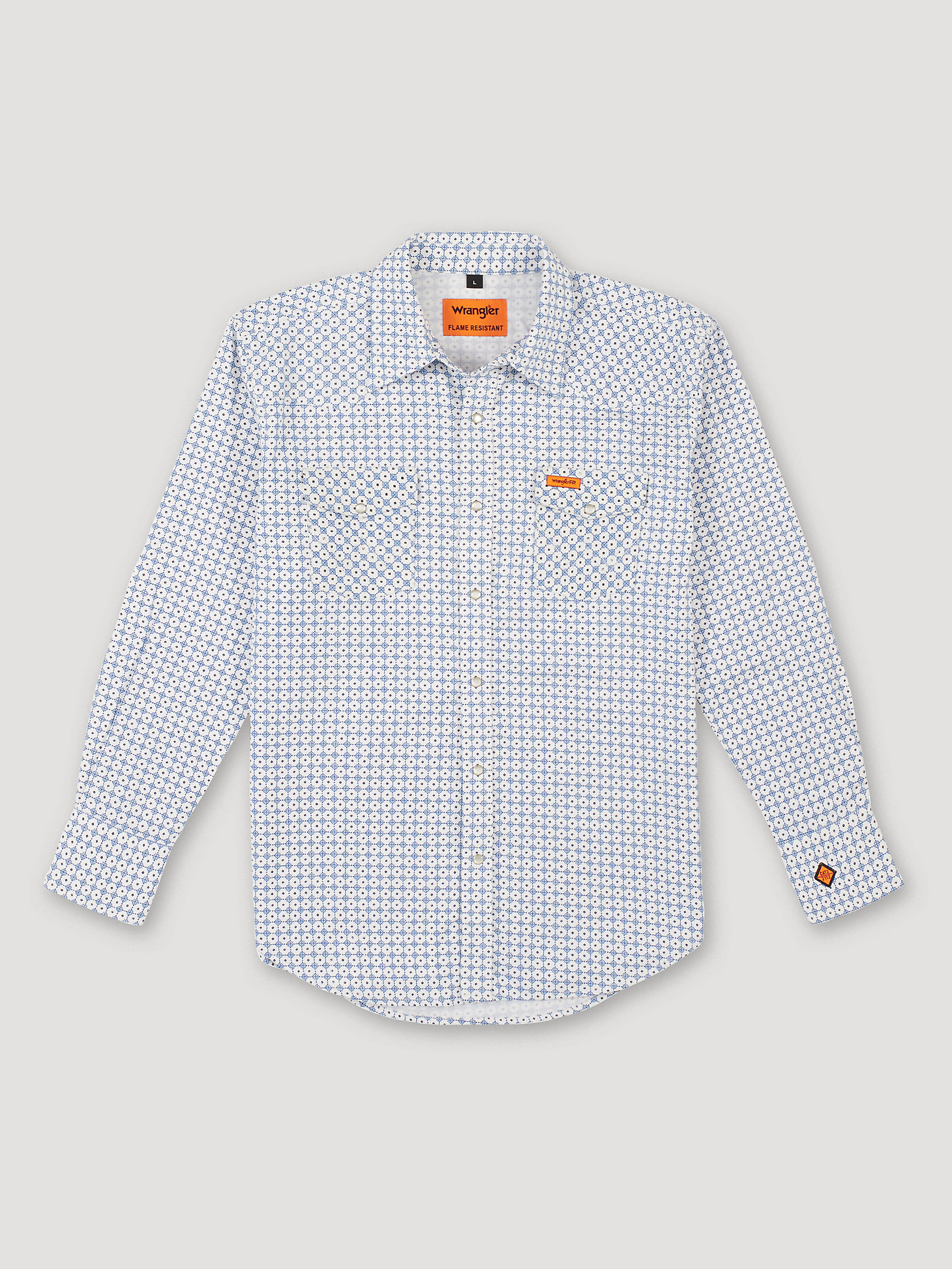 Men's Wrangler® FR Flame Resistant Long Sleeve Western Snap Print Shirt in White/Blue alternative view 5