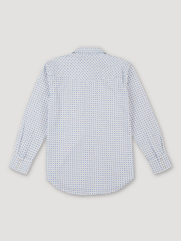 Men's Wrangler® FR Flame Resistant Long Sleeve Western Snap Print Shirt in White/Blue alternative view 6