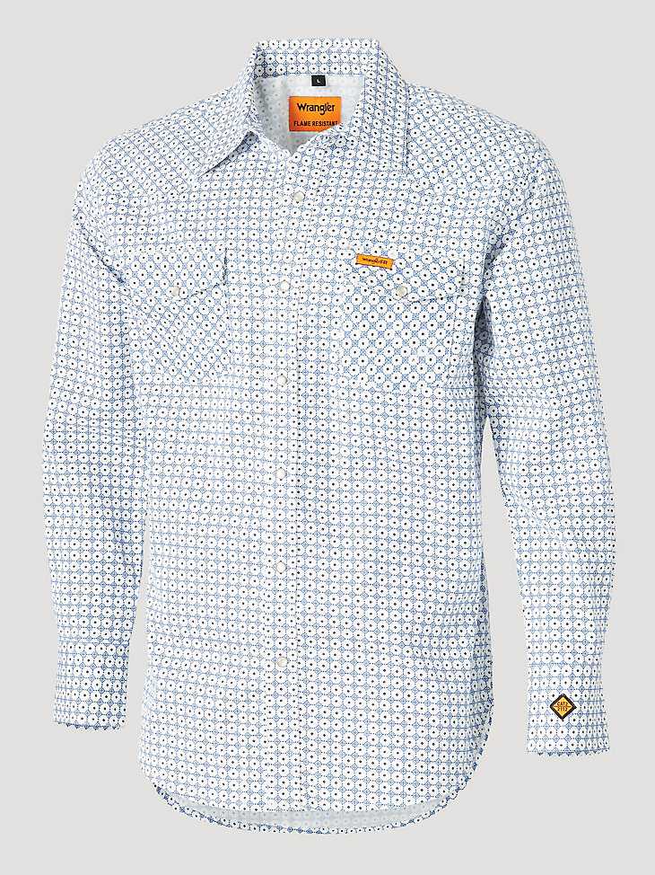 Men's Wrangler® FR Flame Resistant Long Sleeve Western Snap Print Shirt in White/Blue main view