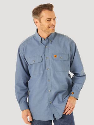 Wrangler Riggs FR Flame Resistant Twill Solid Work Shirt Light Blue Size L