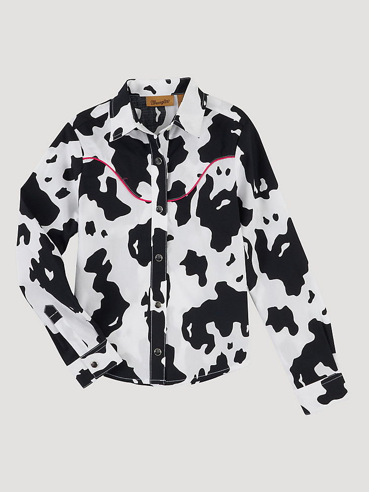 Girl's Long Sleeve Cow Print Western Snap Shirt in Multi main view