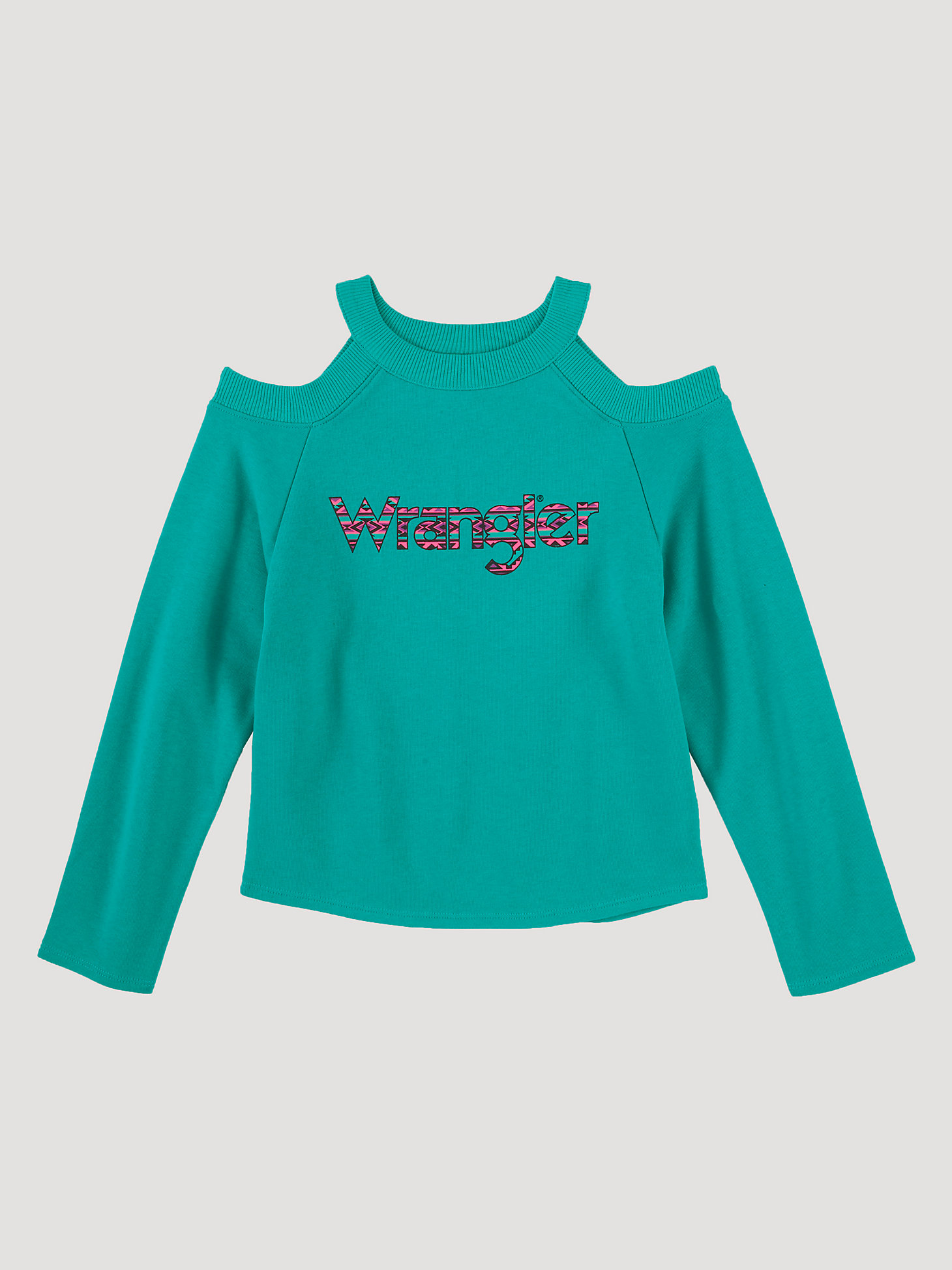 Girl's Long Sleeve Cold Shoulder Fleece Pullover Logo Top in Teal main view