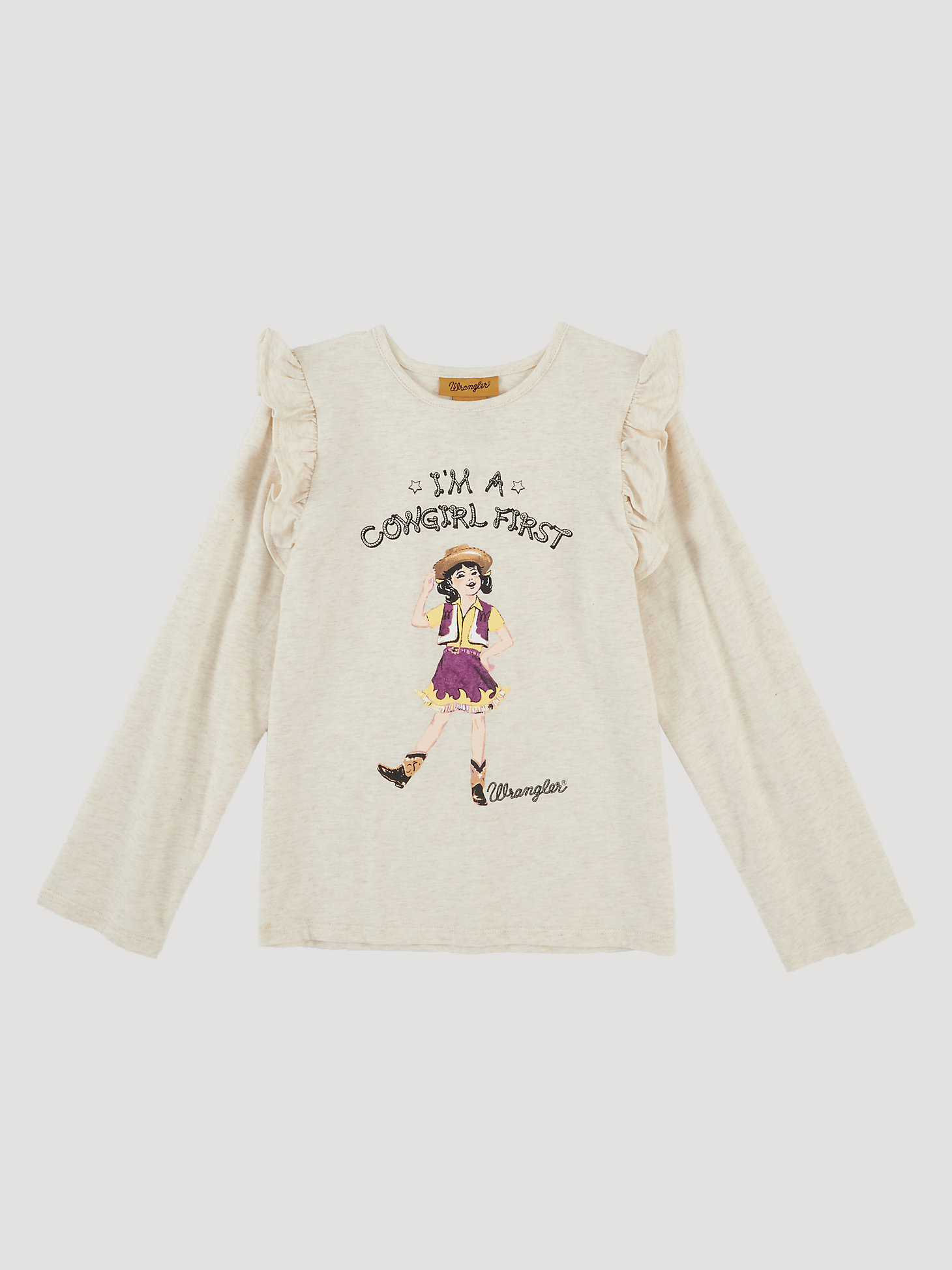 Girl's Long Sleeve Cowgirl First Graphic Tee in Oatmeal Heather main view