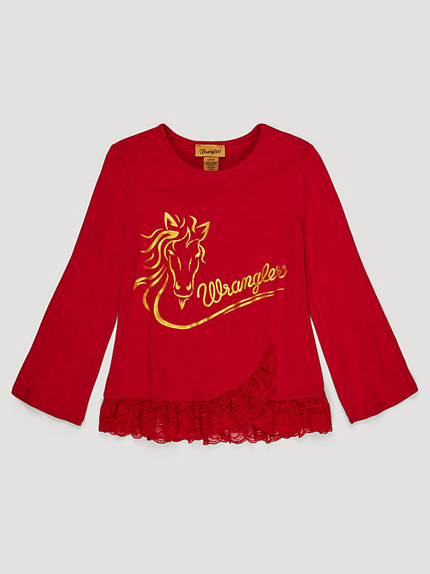 Girl's Long Sleeve Lace Hem Horse Graphic Tee