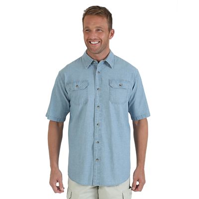 Wrangler® Solid Short Sleeve Twill/Chambray Spread Collar Shirt Mens Shirts by Wrangler®