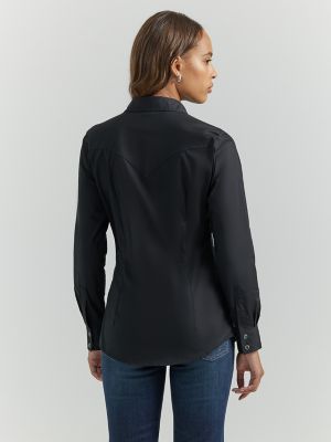 Wrangler® Long Front Solid One Sleeve Top Point Yokes Back and