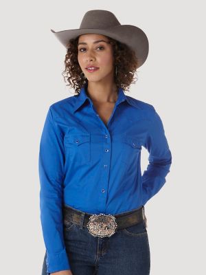 Wrangler® Long Sleeve One Point Front and Back Yokes Solid Top Womens
