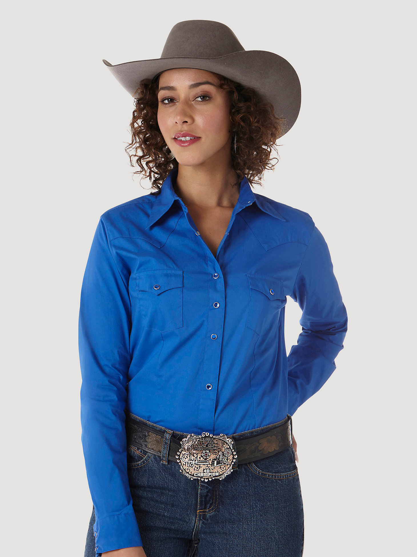 Wrangler® Long Sleeve One Point Front and Back Yokes Solid Top in Royal main view