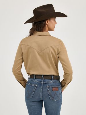 Women's Long Sleeve Western Snap with Front and Back Yokes Solid Top in Rawhide alternative view 2