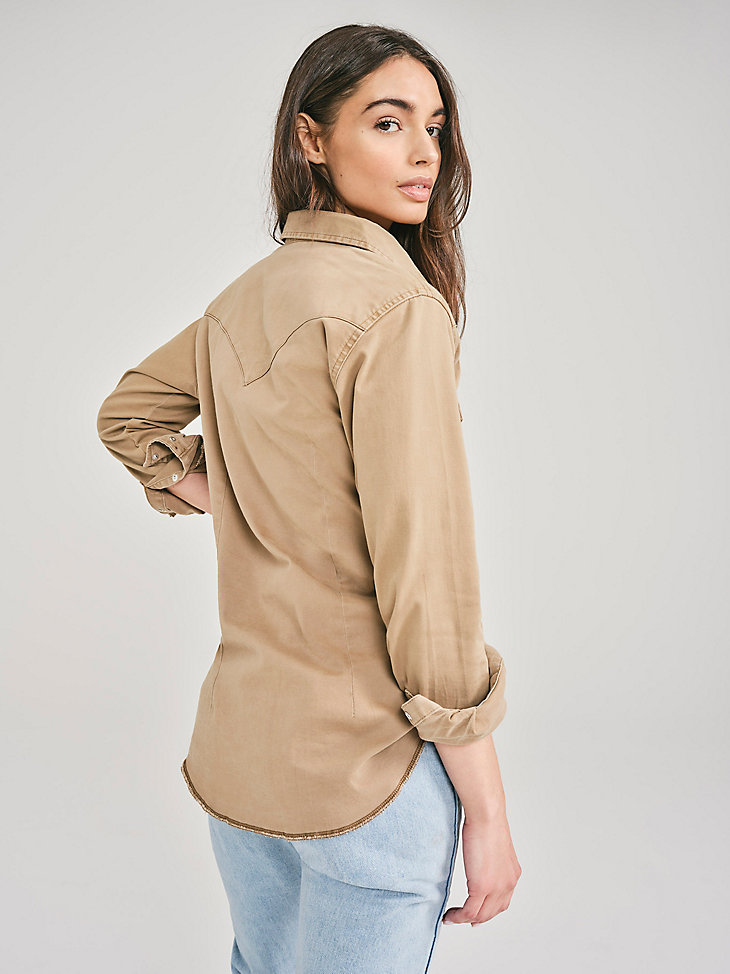 Women's Long Sleeve Western Snap with Front and Back Yokes Solid Top in Rawhide alternative view 3