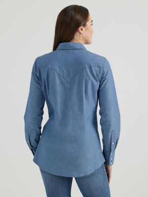 Women's Long Sleeve Western Snap with Front and Back Yokes Solid Top