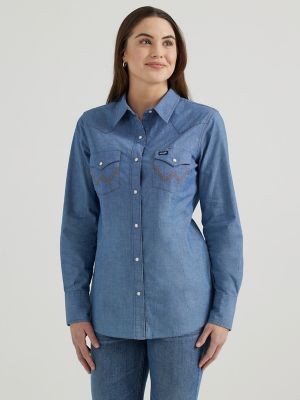 Women's Long Sleeve Western Snap with Front and Back Yokes Solid Top