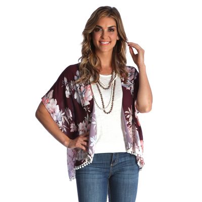 Women's Short Sleeve Kimono Style Printed Duster with Pom Pom Trim at ...