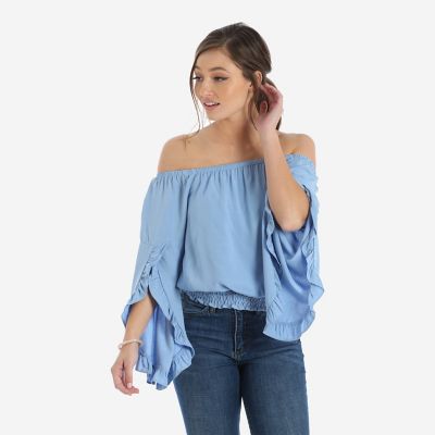 Women's Long Sleeve Off-the-shoulder Ruffle Trim Peasant Blouse ...