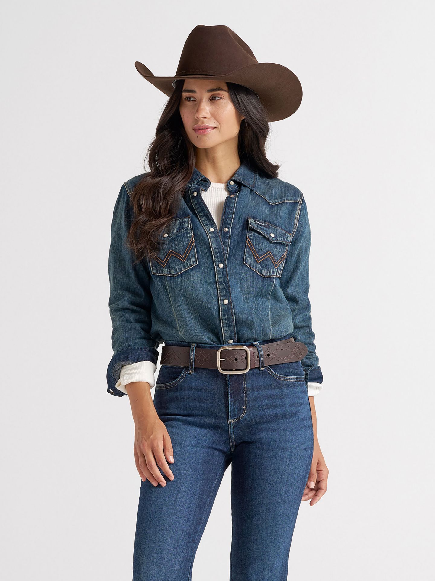 Женский топ Wrangler Long Sleeve Western Snap Denim, цвет: Джинсовый — фото 2