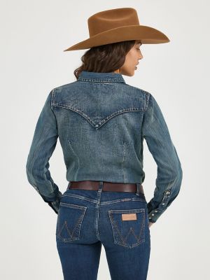 Wrangler Women's Long Sleeve Western Snap Work Shirt, Denim, XS :  : Clothing, Shoes & Accessories