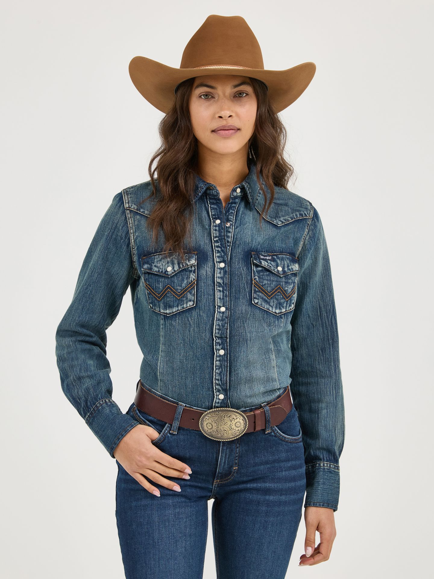 Женский топ Wrangler Long Sleeve Western Snap Denim, цвет: Джинсовый — фото 3