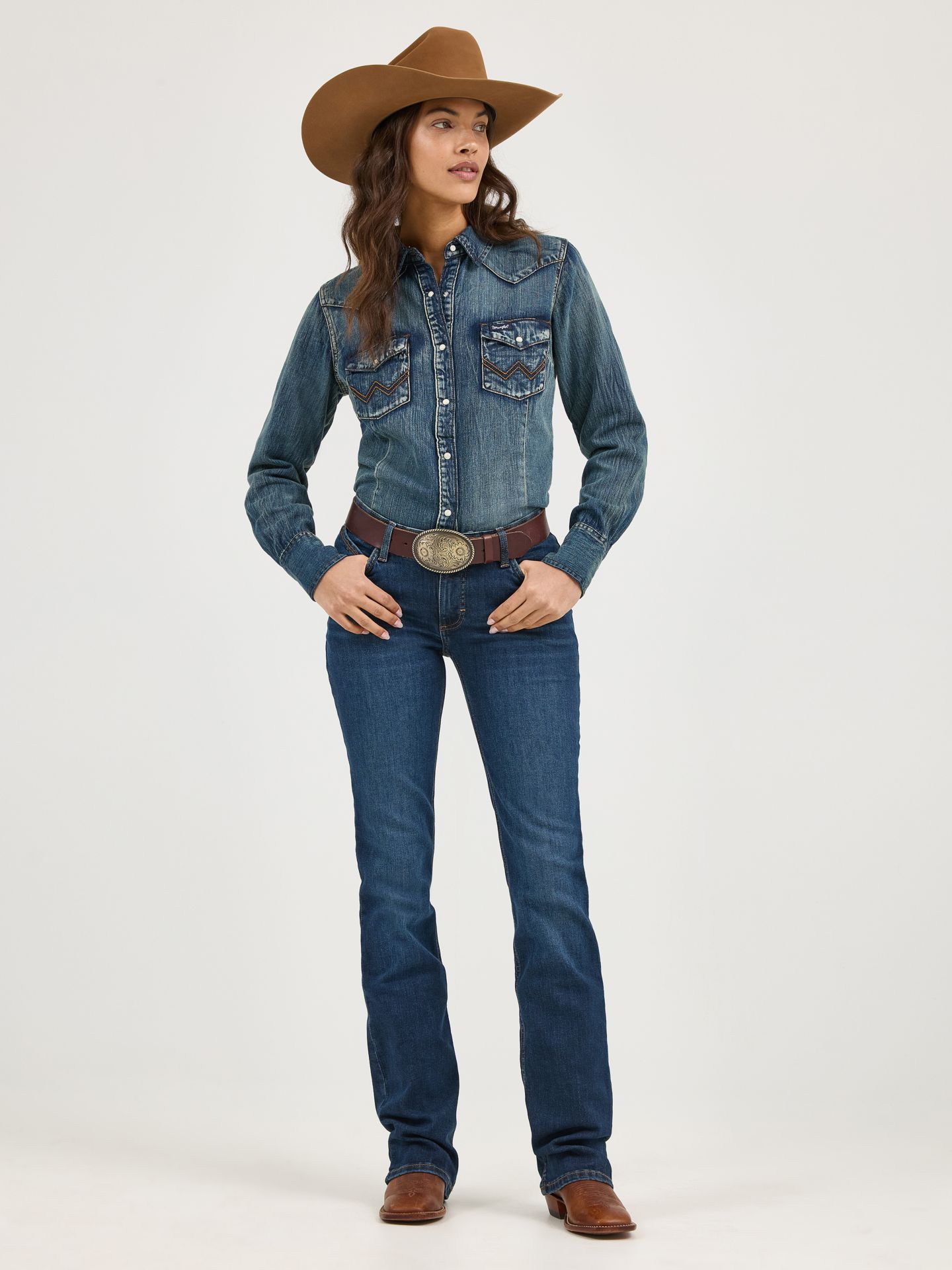 Женский топ Wrangler Long Sleeve Western Snap Denim, цвет: Джинсовый — фото 4