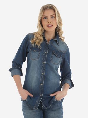 Wrangler® Premium Long Sleeve Denim Shirt with One Point Front and Back ...