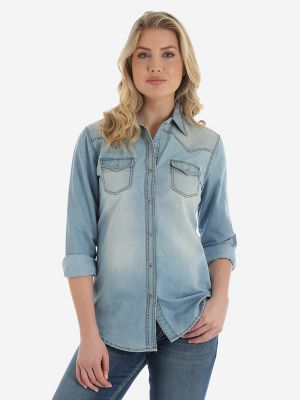 Wrangler® Premium Long Sleeve Denim Shirt with One Point Front and Back ...
