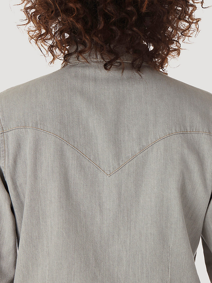 Women’s Long Sleeve Western Snap W Stitching on Pocket Denim Shirt in Grey Denim alternative view 5