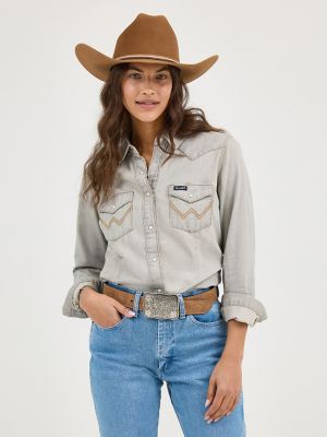 Women's Long Sleeve Western Snap W Stitching on Pocket Denim Shirt