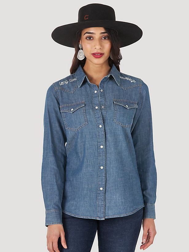 Women's Wrangler Retro® Long Live Cowboys Embroidered Denim Shirt