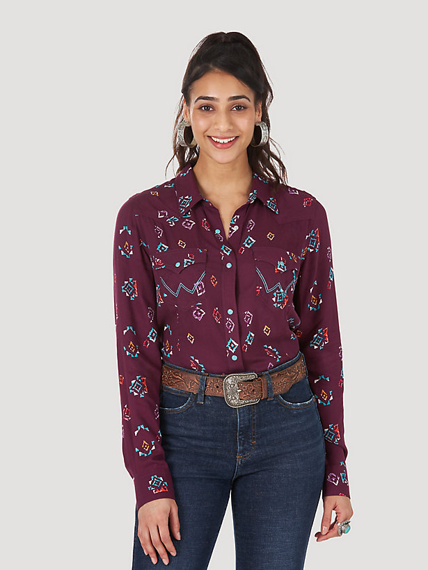 Women's Wrangler Retro® Long Sleeve Southwestern Print Western Snap Rayon Shirt
