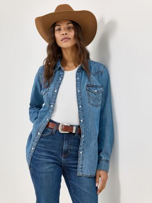 Women's Long Sleeve Western Snap Denim Shirt In Mid Denim | lupon.gov.ph