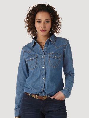 Long Sleeve Denim Shirt Women Button Down Chambray Shirt Casual Snap Jean  Shirts Blouse Top A-Blue at  Women's Clothing store