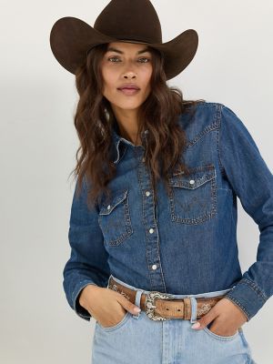Women's Long Sleeve Western Snap Denim Shirt in Dark Denim