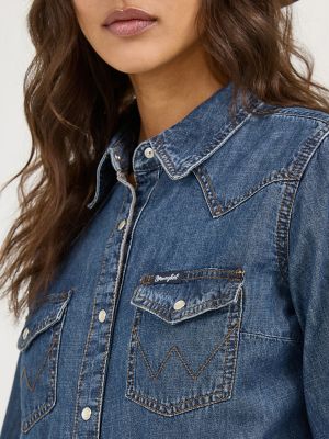 Women's Long Sleeve Western Snap Denim Shirt in Dark Denim alternative view 4