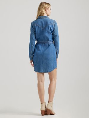 Women's Long Sleeve Western Snap Denim Dress in Mid Denim