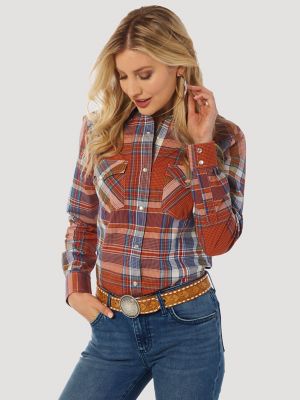 Women's Essential Long Sleeve Flannel Plaid Western Snap Shirt