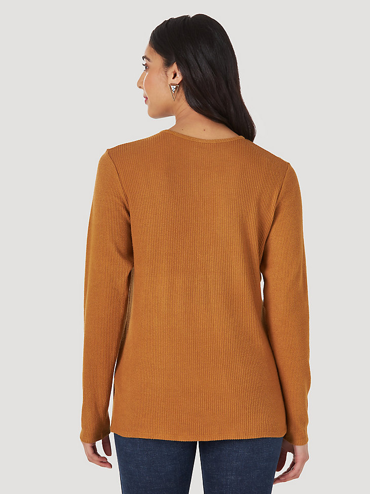 Women's Essential Long Sleeve Keyhole Neck Knit Top in Brown alternative view
