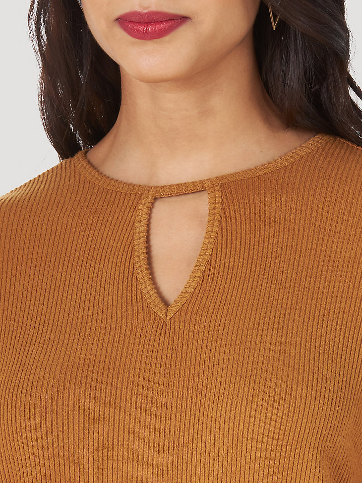 Women's Essential Long Sleeve Keyhole Neck Knit Top in Brown alternative view 2