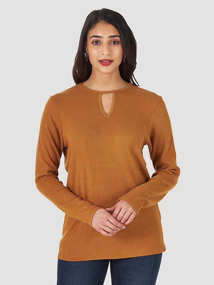 Women's Essential Long Sleeve Keyhole Neck Knit Top in Brown main view