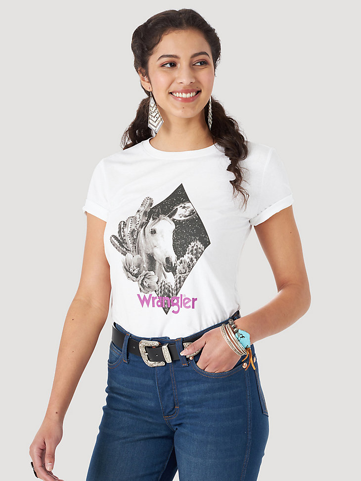 Women's Wrangler Retro® Short Sleeve Cactus Horse Graphic Tee in White main view