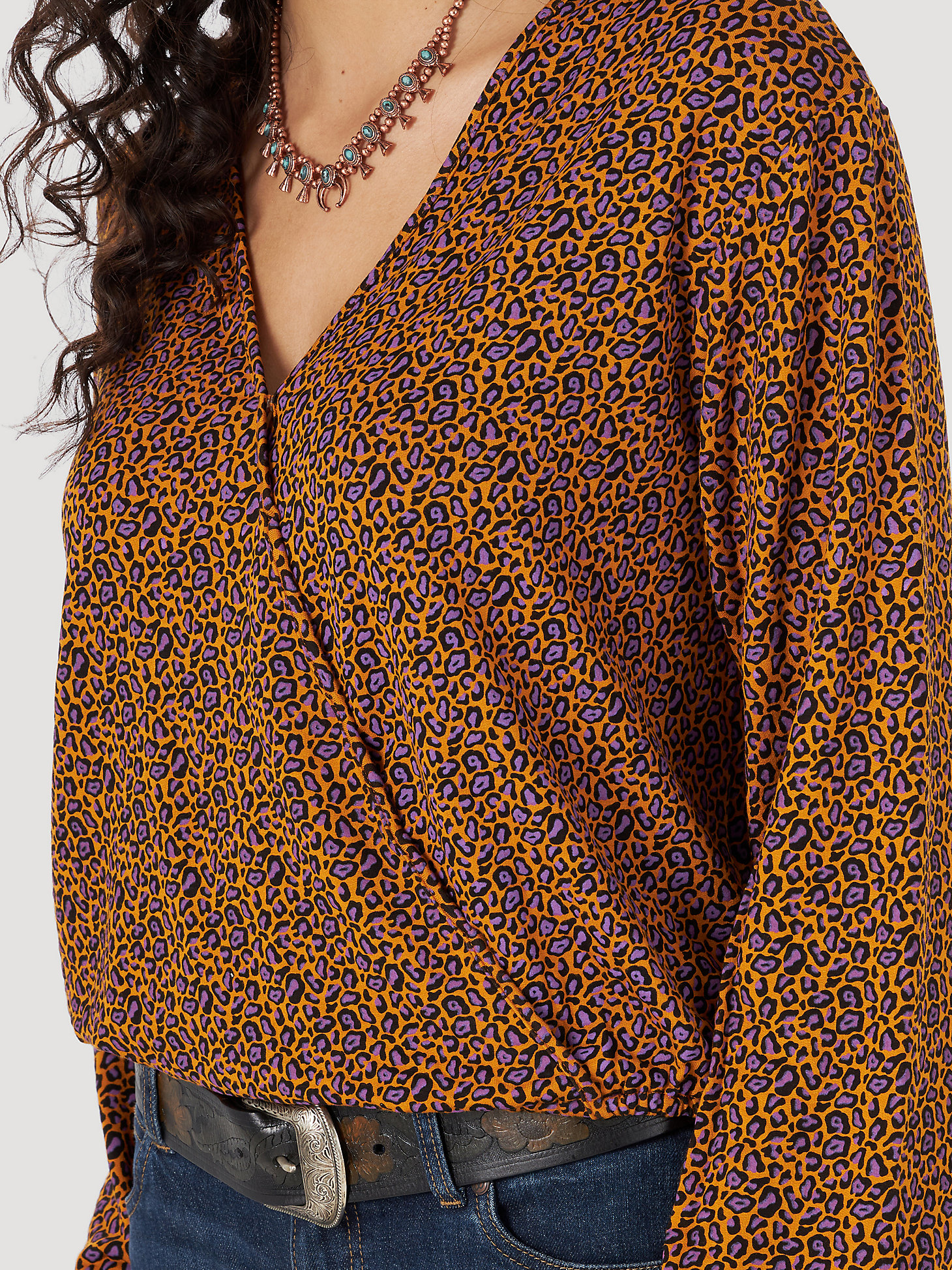 Women's Wrangler Retro® Long Sleeve Leopard Print Wrap Front Top in Multi alternative view 2