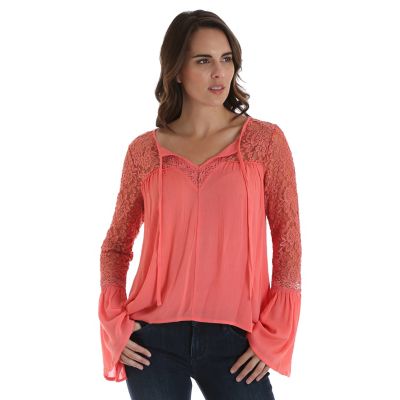 Women's Long Sleeve Peasant Blouse with Lace Bell Sleeves | Womens ...