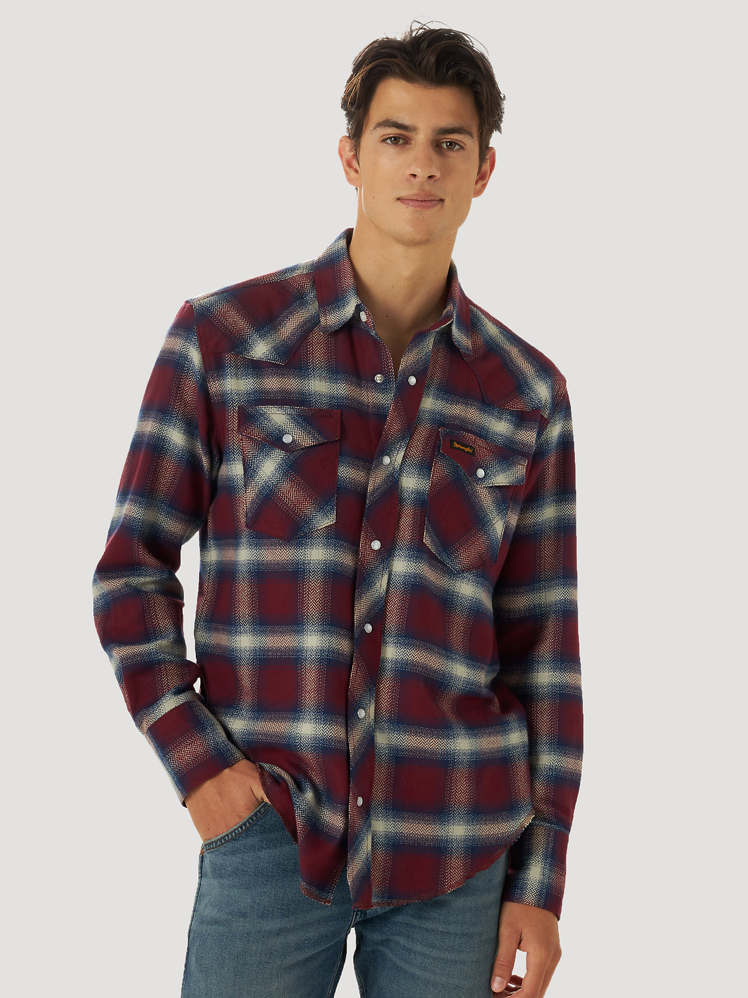 Men's Wrangler® Heritage Plaid Snap Front Shirt in Tawny Port main view